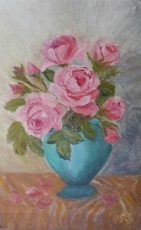 floral painting Pink Roses and Rose buds in a Turquoise Vase original oil painting by Navdeep Kular