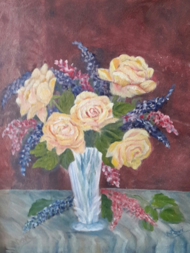 floral painting Yellow Roses in a Crystal Vase oil painting by Navdeep Kular