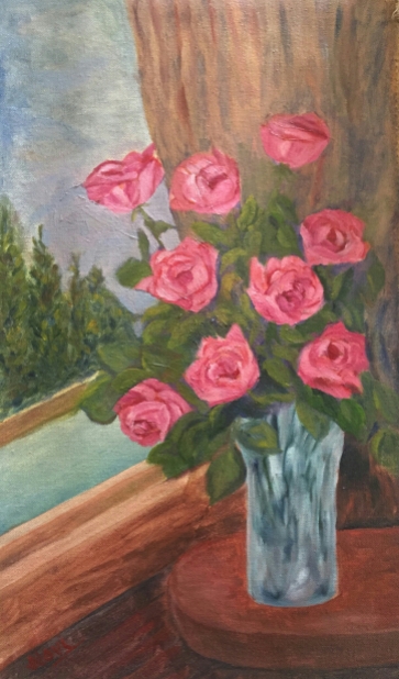 floral painting Pink Roses in a Crystal Vase original oil painting by Navdeep Kular