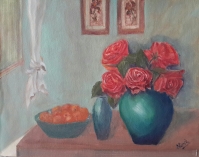 red roses in a turquoise vase original oil painting by Navdeep Kular