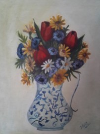floral painting Tulips in a Ceramic Vase (20H X 16W in )oil painting by Navdeep Kular