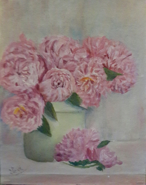 Pink peonies in a vase oil painting by Navdeep Kular