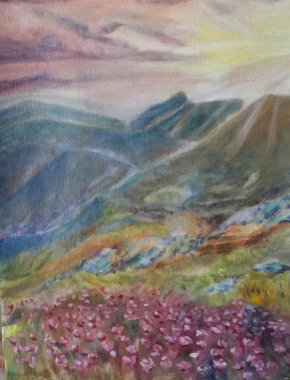 landscape oil painting of wildflowers in mountain valley by Navdeep Kular