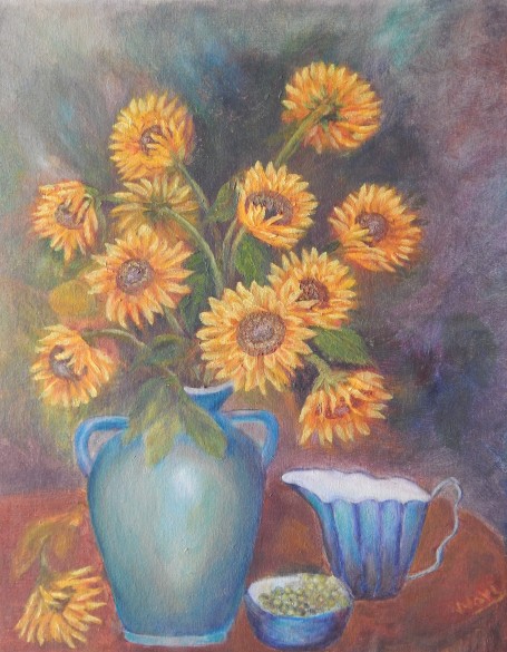 Floral still life oil painting of sunflowers in a blue vase with a creamer and a bowl of fruit by Navdeep Kular