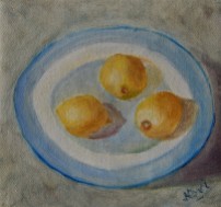 still life oil painting of lemons in a blue plate