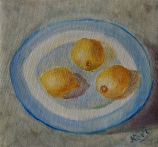still life oil painting of lemons in a blue plate