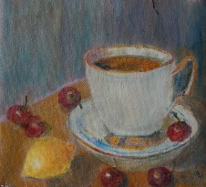 Still life with Tea Cup, Lemon and Cherries