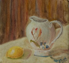 still life oil painting with lemon and creamer