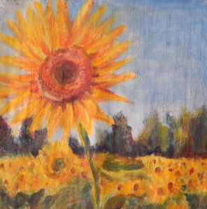 sunflower fields oil painting with a backdrop of blue sky by Navdeep Kular