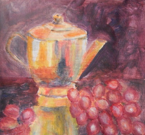 still life with teapot and re grapes by Navdeep Kular