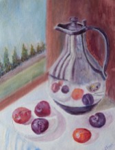 still life oil painting of carafe and plums with the reflection of plums in the metallic surface of carafe