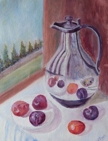 still life oil painting of carafe and plums with the reflection of plums in the metallic surface of carafe