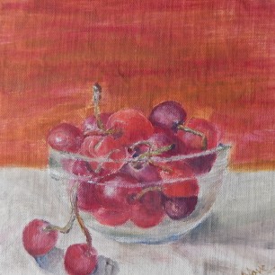 Still life oil painting of cherries in a glass bowl