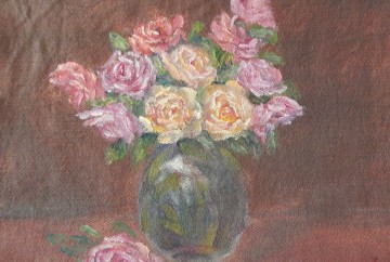 Oil painting of pink, yellow an peach roses in a glass vase by Navdeep Kular