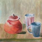 Still life oil painting of two mugs and a red pot by Navdeep Kular