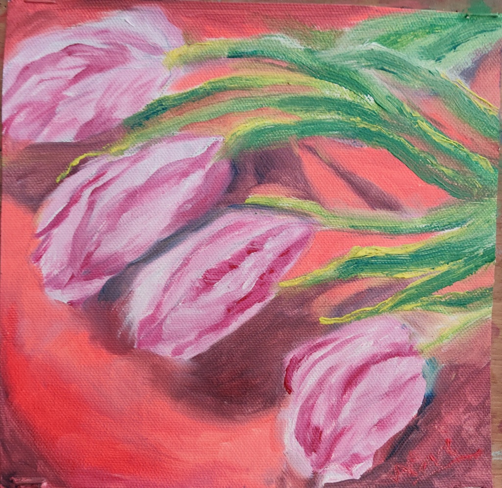 Four pink tulips oil painting by Navdeep Kular