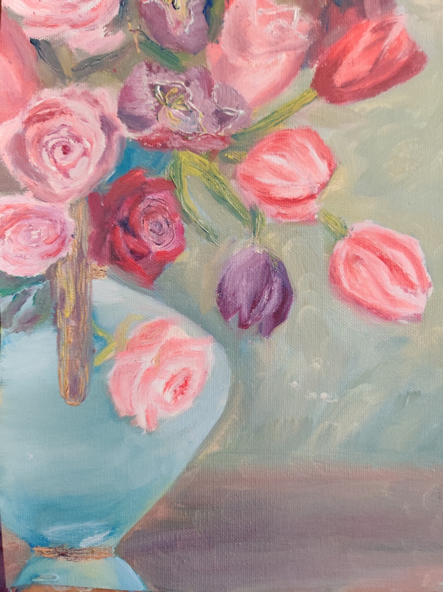 Tulips and roses in a vase oil painting by Navdeep Kular