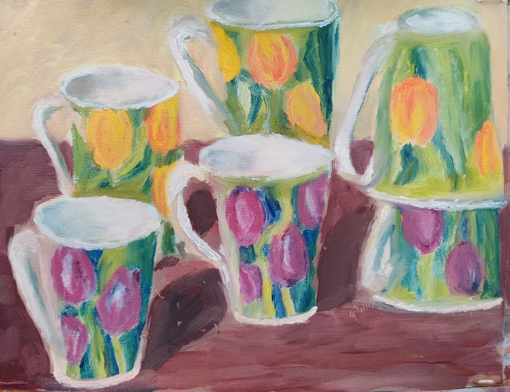 Six tulip mugs oil painting by Navdeep Kular